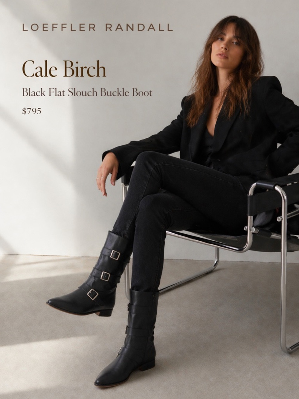 Loeffler Randall Cale Birch | Triple Buckle Flat Boot | Black Leather | Size 7